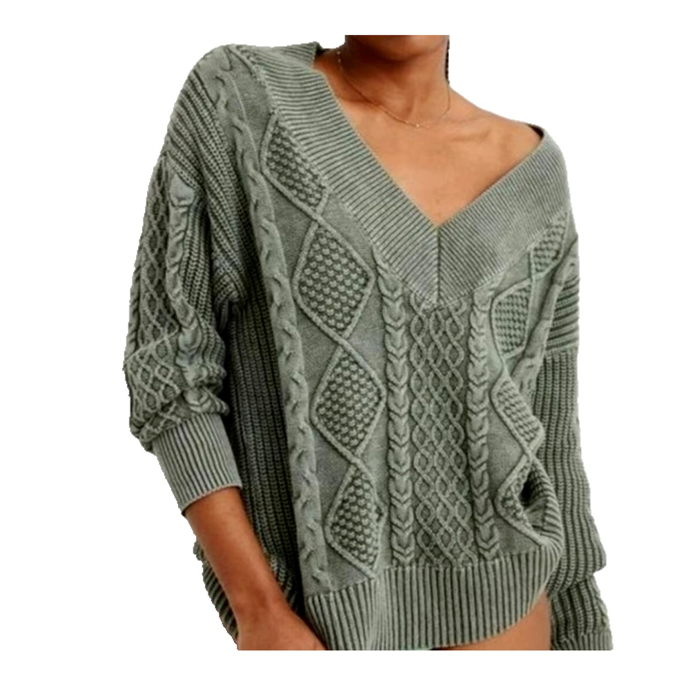 Aerie Women's Green Cable Knit V-Neck Slouchy Long Sleeve Sweater Size Small